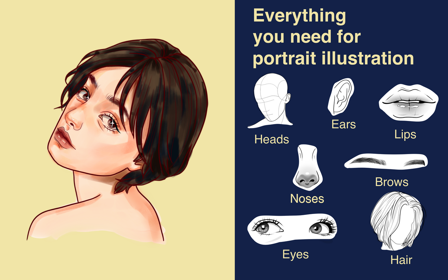 Female portrait illustration rendered in Procreate using FUPart Portrait Bundle, with preview of face features brushes