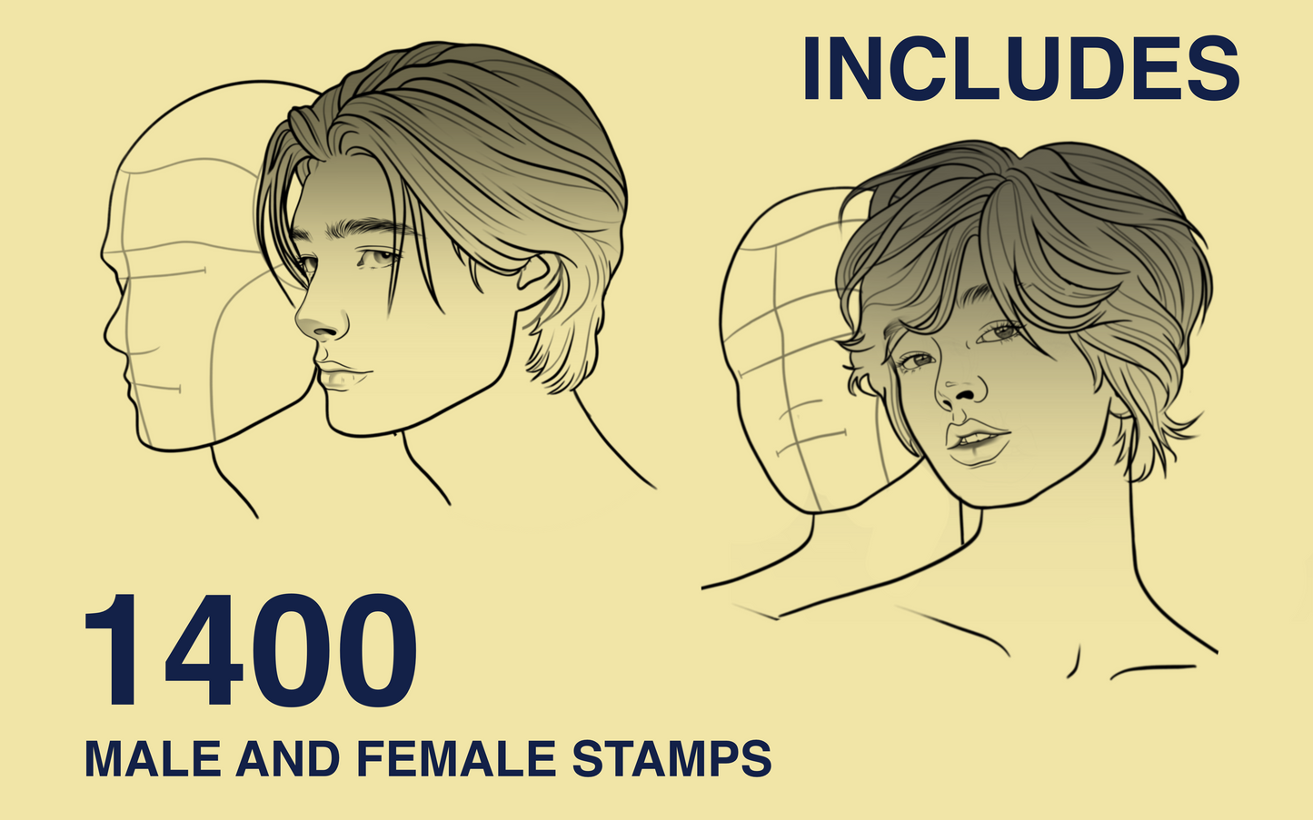 Selection of 4 portrait illustrations from the 1400 male and female stamps included in FUPart Portrait Bundle for Procreate