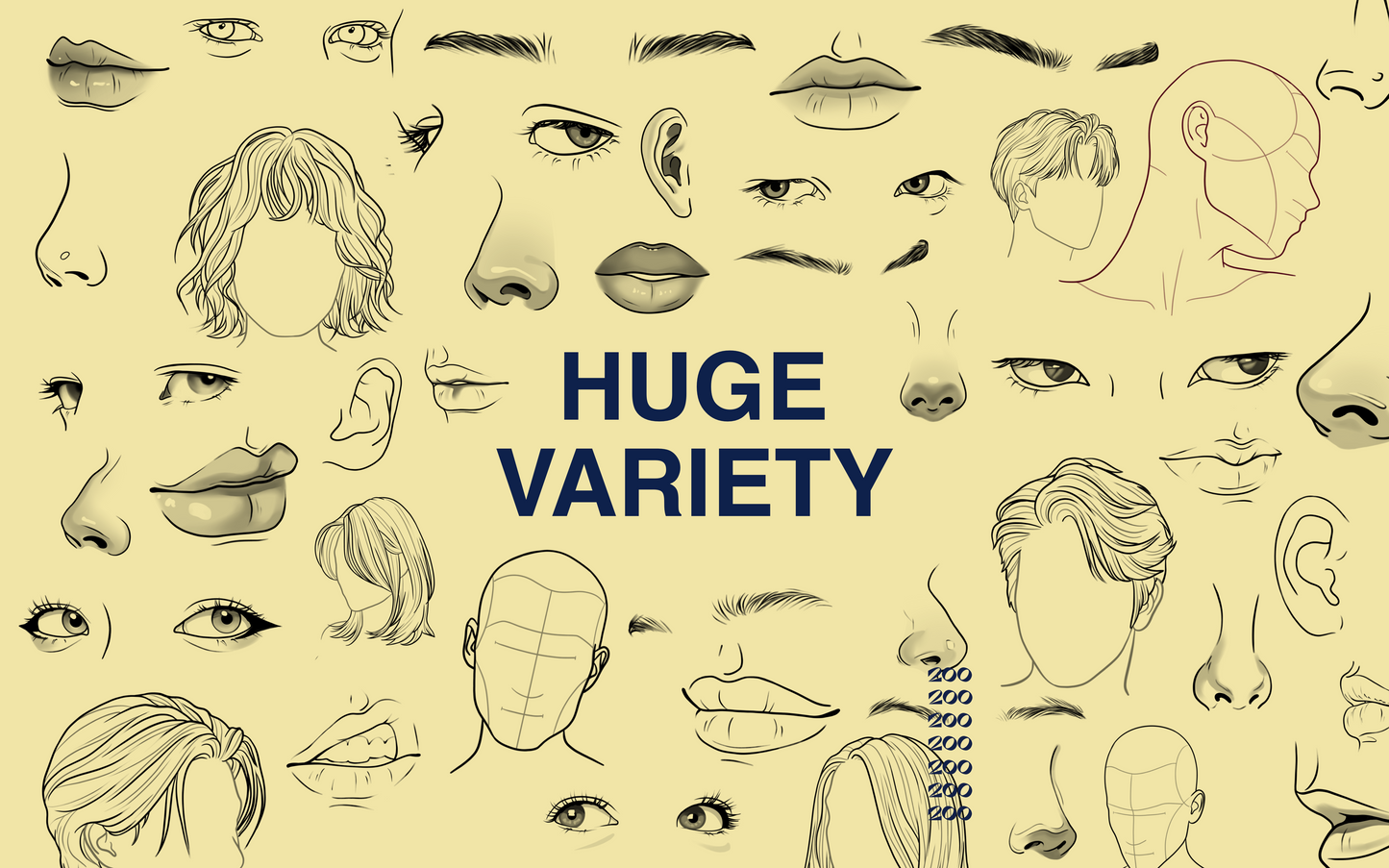 Variety of portrait sketches and face details from FUPart Portrait Bundle for Procreate, showcasing hair, eyes, lips and expression range