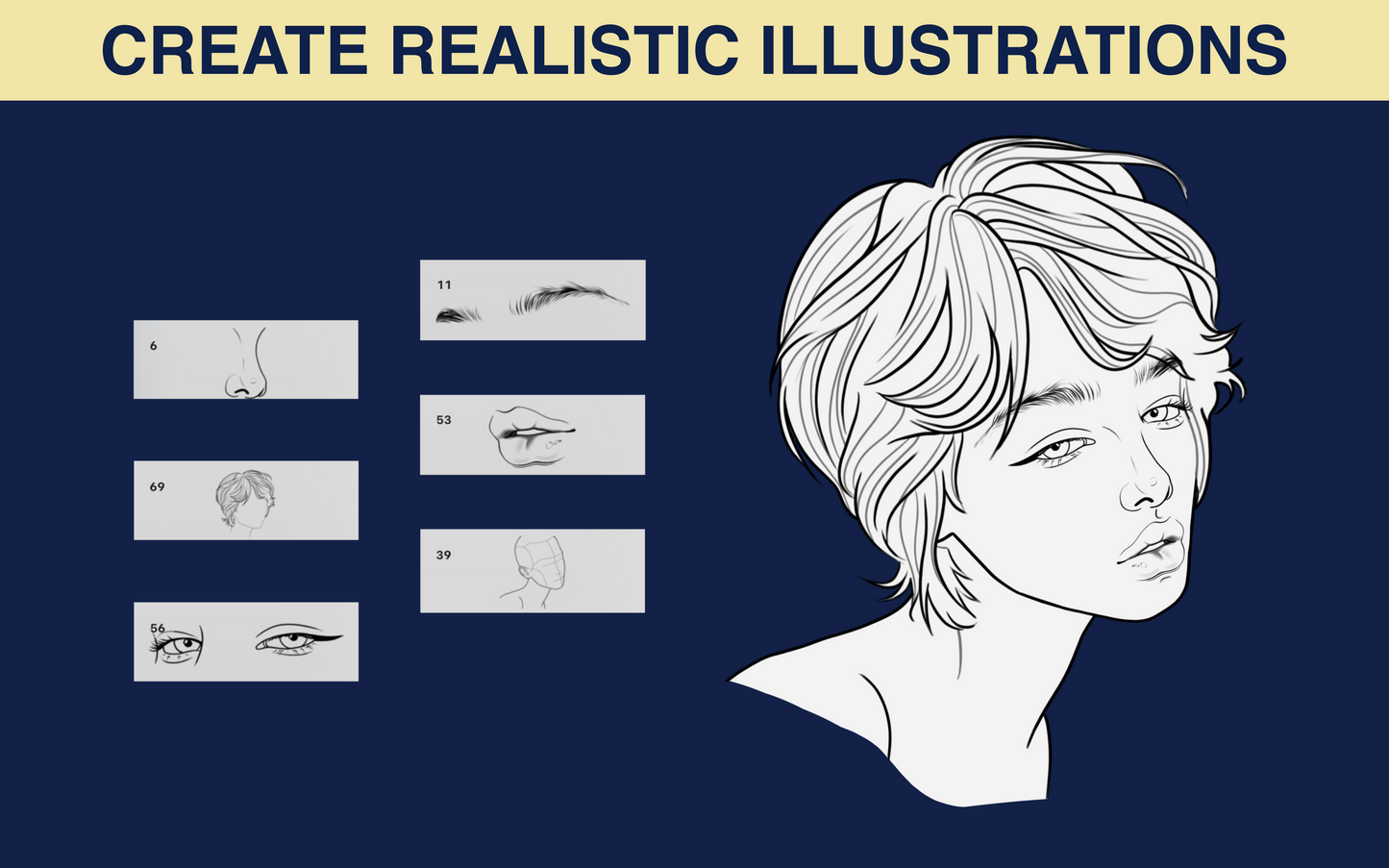 Realistic female portrait illustration created in Procreate using FUPart Portrait Bundle face stamps and brushes