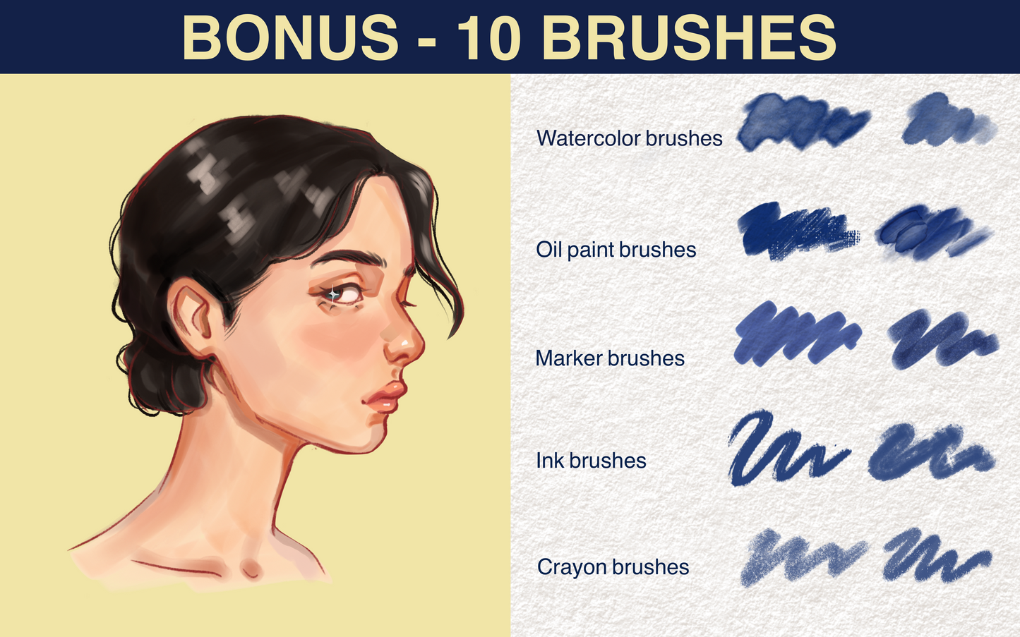 10 bonus drawing brushes (watercolor, oil, marker, ink, crayon) included free with FUPart Portrait Bundle for Procreate