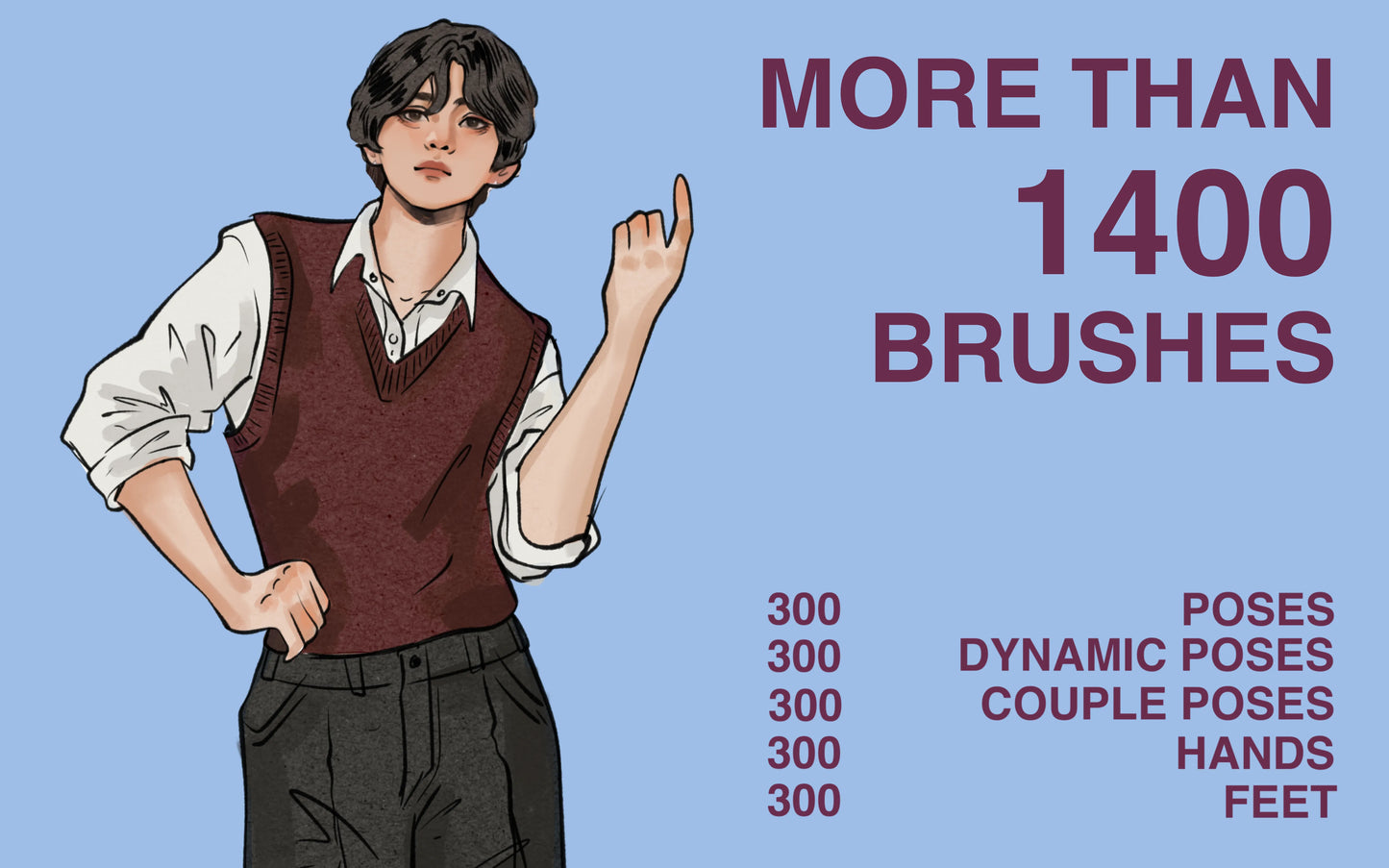 Procreate Poses Bundle with over 1400 pose brushes, illustrated figure in a vest