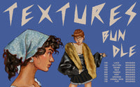 Fashion Textures Bundle cover with two hand-drawn figures in knit and denim, Procreate fabric texture brushes
