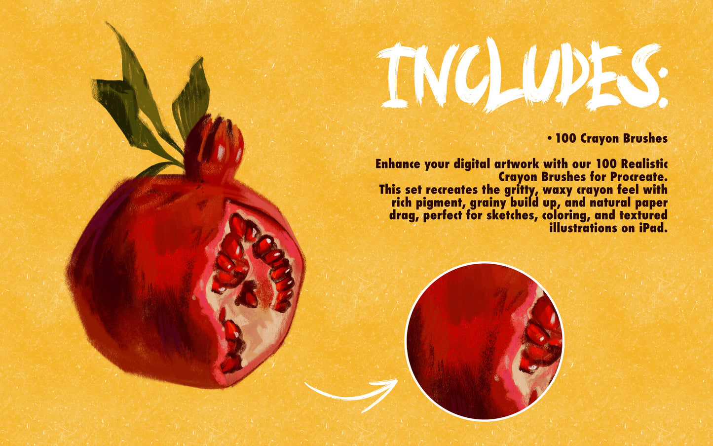 Overview of FUPstudio Procreate Crayon Brushes including waxy strokes and textured crayon variations with a pomegranate illustration