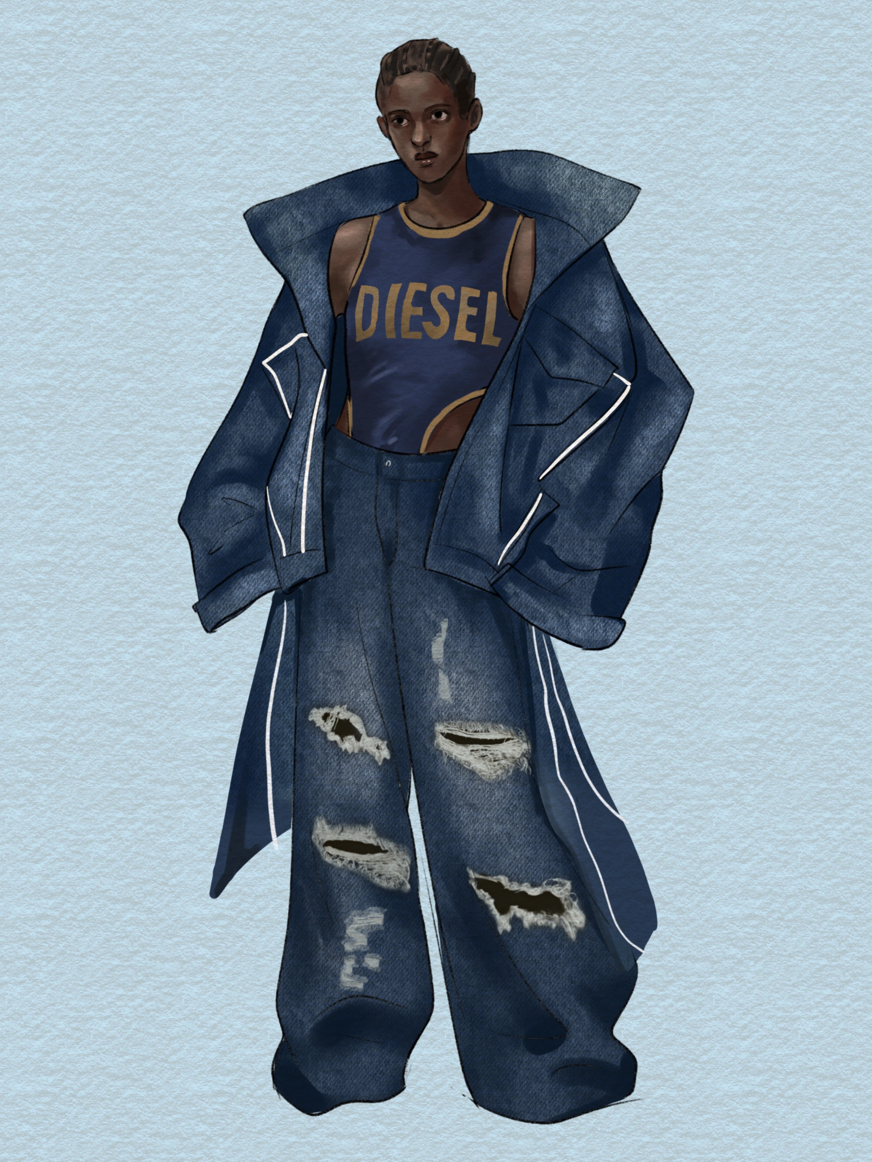 Fashion designer sketching croquis and garment details in Procreate using FUPstudio Full Access brushes
