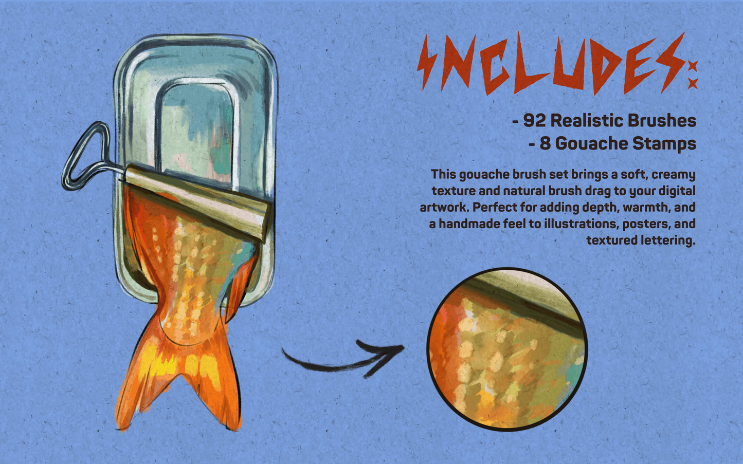 Overview of FUPstudio Procreate Gouache Brushes including 60 realistic brushes and 8 gouache stamps with a tinned fish illustration