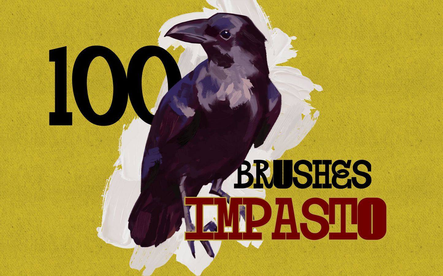 FUPstudio Procreate Impasto Brushes cover with 100 thick paint brushes and stamps showcased on a crow illustration