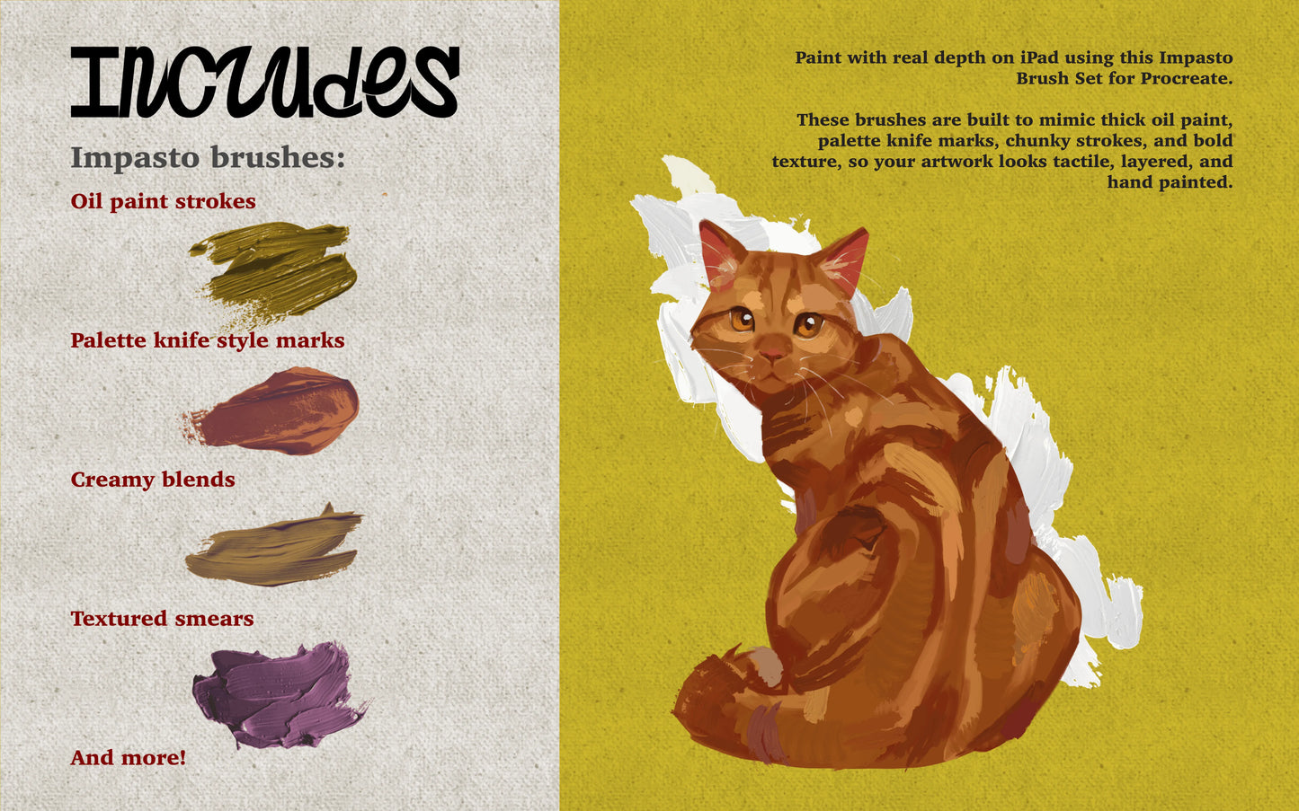 Overview of FUPstudio Procreate Impasto Brushes including realistic brushes and gouache stamps with a ginger cat painted illustration