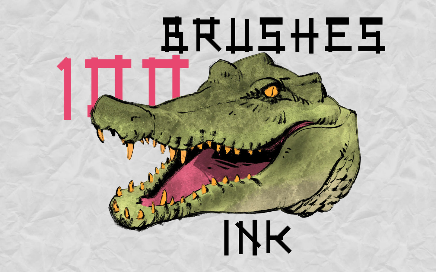 FUPstudio Procreate Ink Brushes cover with 100 ink brushes showcased on a crocodile illustration