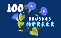 FUPstudio Procreate Marker Brushes cover with 100 alcohol marker brushes showcased on a morning glory flower illustration
