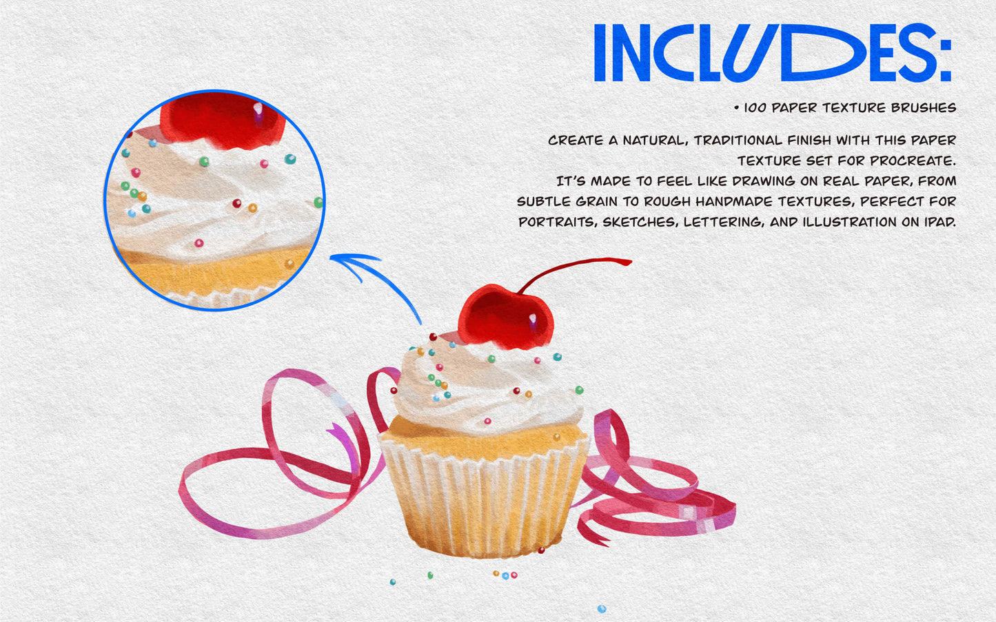 Overview of FUPstudio Procreate Paper Textures, 100 paper grain options demonstrated with a cherry cupcake illustration
