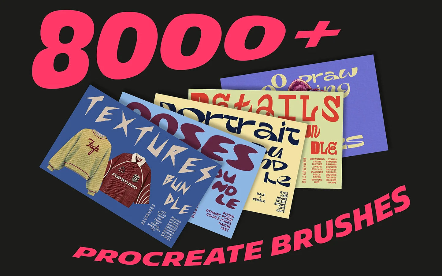 FUPstudio Procreate Full Access Bundle cover showcasing 8000+ brushes across Portrait Stamps, Poses Stamps, Textures Brushes, Details Brushes and Drawing Brushes libraries