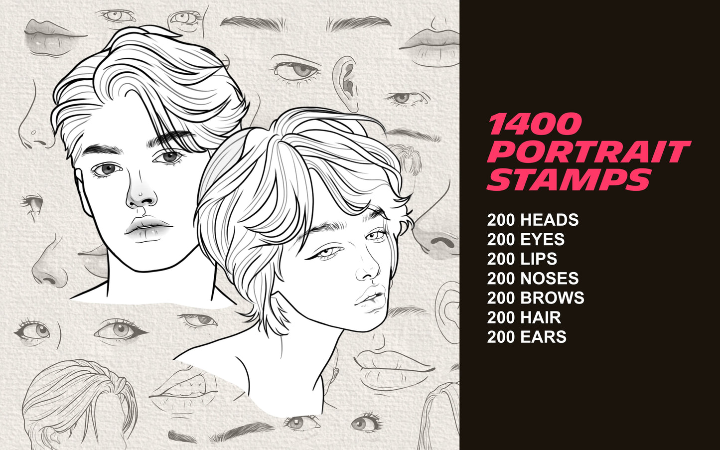 FUPstudio Procreate Full Catalog Bundle preview showing 1400 Portrait Stamps with portrait sketch illustrations