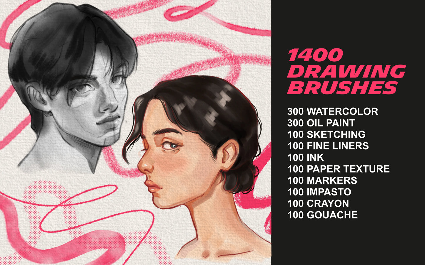 FUPstudio Procreate Full Catalog Bundle preview showing 1400 Drawing Brushes with portrait sketch illustrations