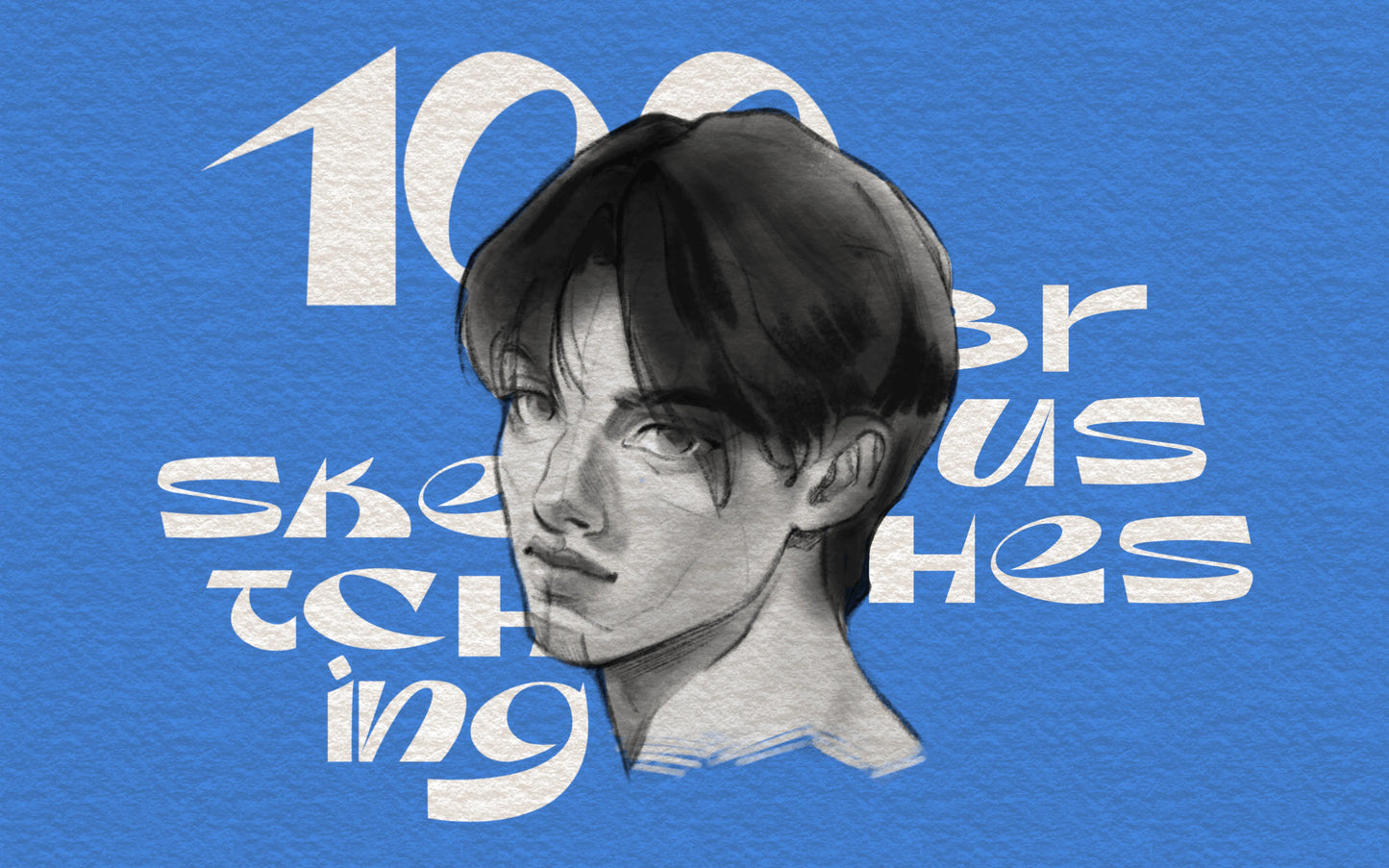 FUPstudio Procreate Sketching Brushes cover with 100 pencil and hatching brushes showcased on a portrait illustration