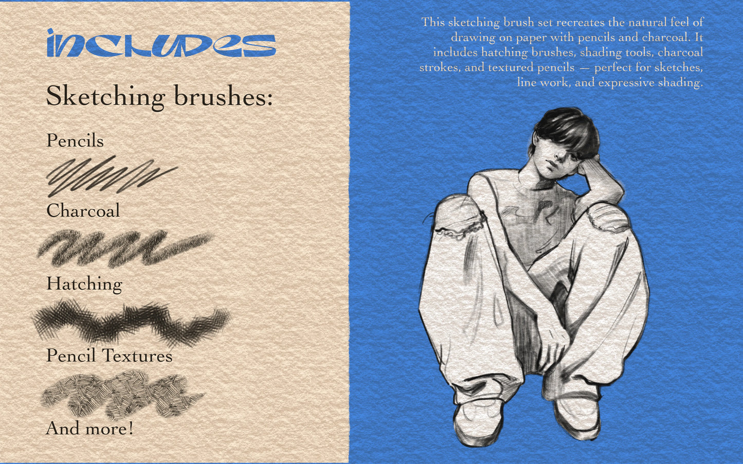 Overview of FUPstudio Procreate Sketching Brushes, pencil and hatching range with a seated character illustration