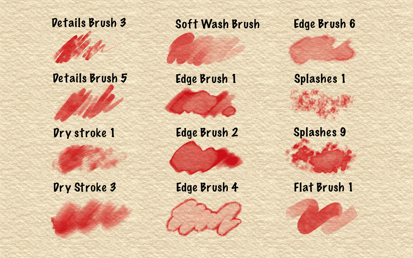 Watercolor brush stroke previews from FUPstudio Procreate Watercolor Brushes, details, edge, splashes and dry stroke variations