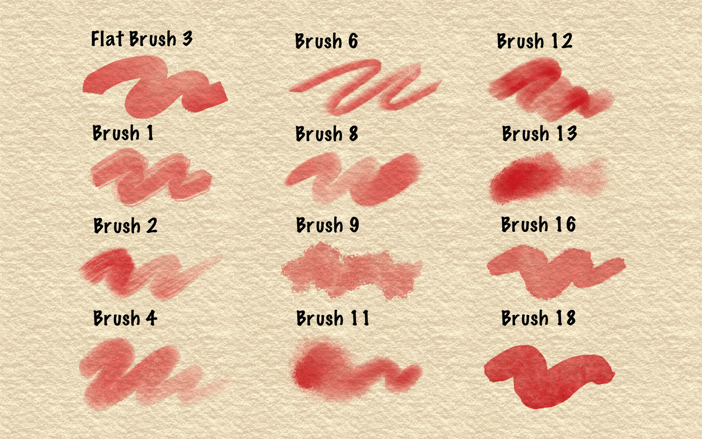 Flat brush variations from FUPstudio Procreate Watercolor Brushes, 16 stroke styles for layered washes and gradients